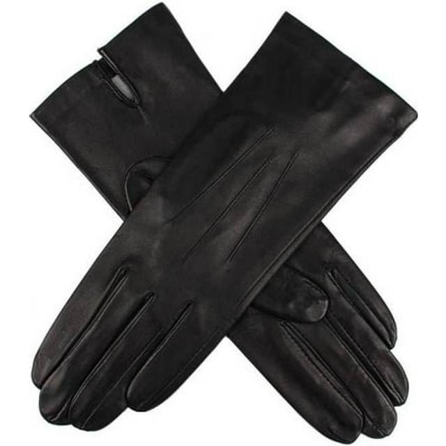 Women's Three-Point Silk-Lined Leather Gloves - BLACK / 7.5