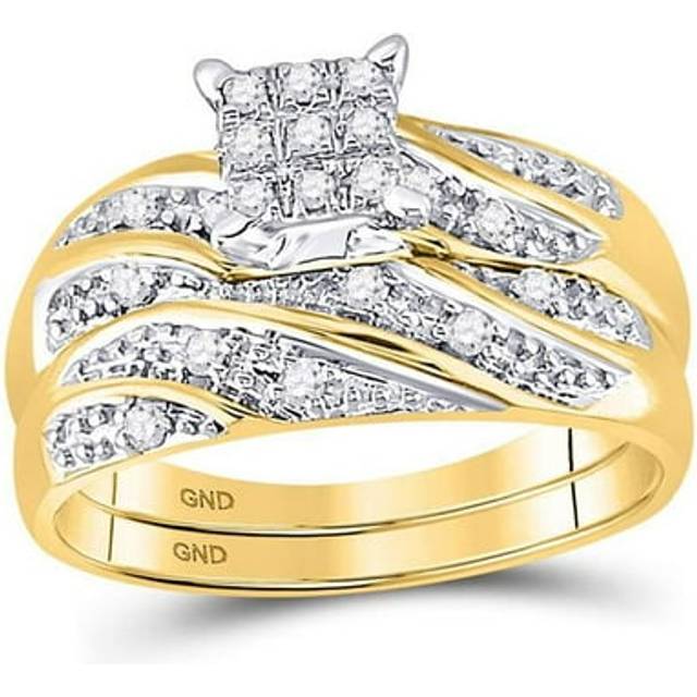 GND 46978 0.33 CTW 14KT Yellow Gold His & Hers Round Diamond Cluster Matching Bridal Wedding Ring Band Set, Size 7