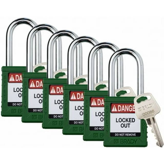 Brady Safety Lockout Padlock Sets - 6 Pack - Green - Keyed Different Safety Lockout Padlocks - 1 Key Per Lock - SDPL-GRN-38ST-KD6
