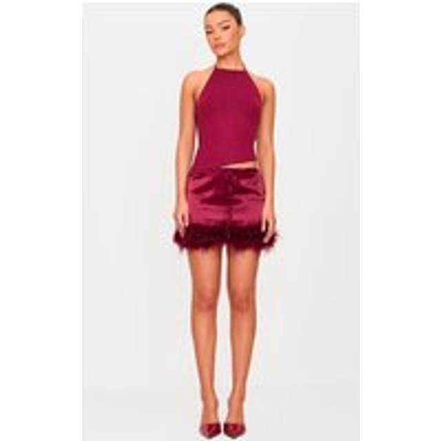 Burgundy Satin Drawstring Waist Detail Feather Hem Mini Skirt, Red - 8