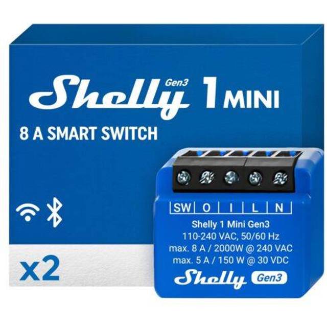 Shelly 1 Mini Gen3, WiFi och Bluetooth Smart Switch Relay 1 Channel 8A, Hemautomatisering, Kompatibel med Alexa och Google Home, iOS Android-app, Ingen hubb krävs, Torra kontakter