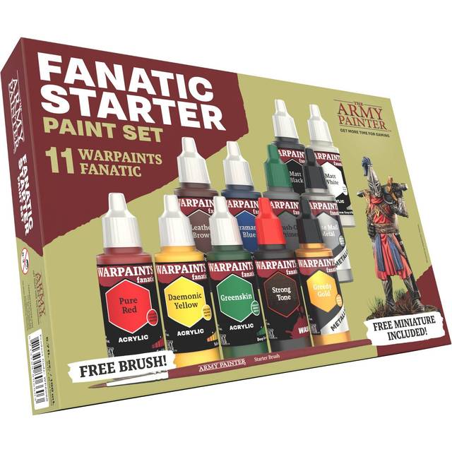 Warpaints Fanatic: Starter Set, 11 paints: 7 acrylic colours, 2 Metallics, 1 Wash, 1 Brush-On Primer, 1 Free Miniature figure and Starter Brush