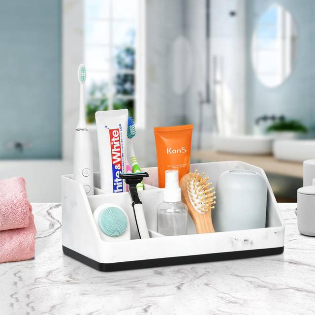 5-Compartment Marble Resin Bathroom Organiser Toothbrush Holder - Black (10.4cm H X 27.94cm W X 13.71cm D)