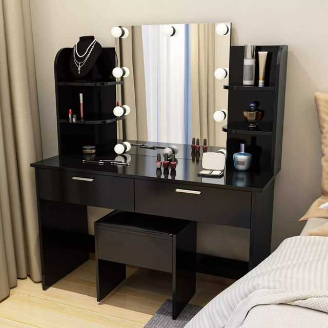 Dressing Table With Stool Led Lights Mirror  Vanity Makeup Desk Set