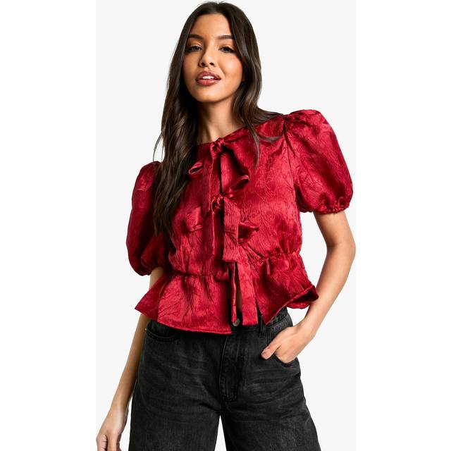 Womens Textured Jacquard Tie Front Puff Sleeve Smock Top - 8 - Red