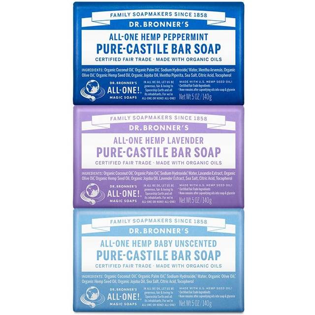 Dr. Bronner's Pure-Castile Bar Soap- Made with Regenerative Organic Oils- For Face  Body  Hair & More- Vegan  Soap Bar for Men & Women- Variety 3-Pack