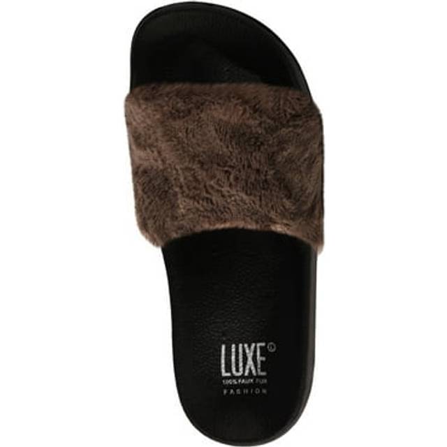 Luxe Faux Fur 676685048233 0.87 in. Sheepskin Slide Slippers - Brown with Brown Sole