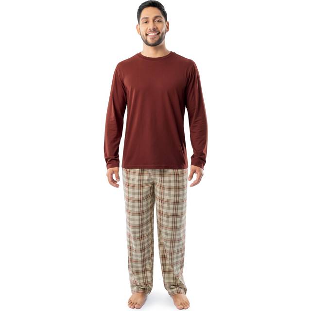 Fruit of the Loom Men's Jersey Knit Top and Flannel Pant Pajama Sleep Set  Red/Khaki Plaid