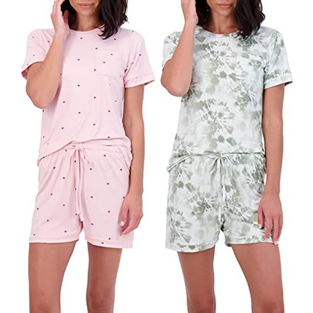 2 Pack: Womens Short Sleeve Tops Striped Pajama Sets Shorts Ladies Summer Soft 2 Piece Matching Cute Comfy Sleepwear Pajamas Adult Loungewear Bottoms
