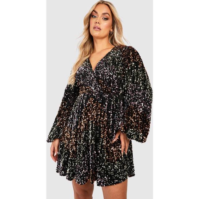 Womens Plus Rainbow Sequin Blouson Skater Dress - Black - 18, Black