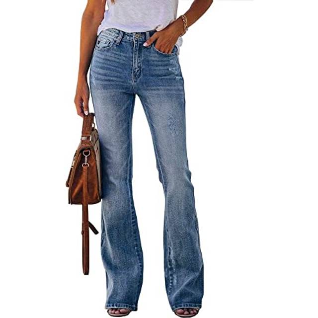 Koinshha Womens High Waisted Jeans Flare Stretch Boyfriend Casual Bootcut Denim Pants Light Blue