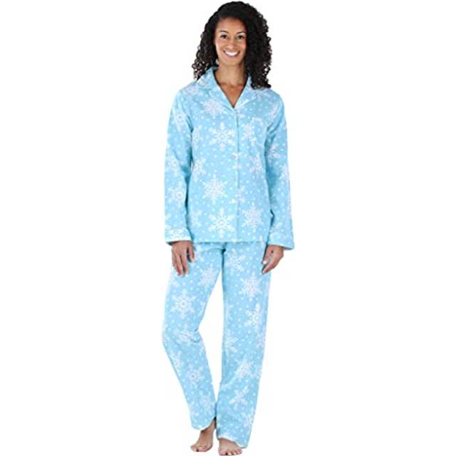PajamaMania Womens cotton Flannel Long Sleeve Button-Down Pajamas PJ Set  Icy Snowflakes  X-Small