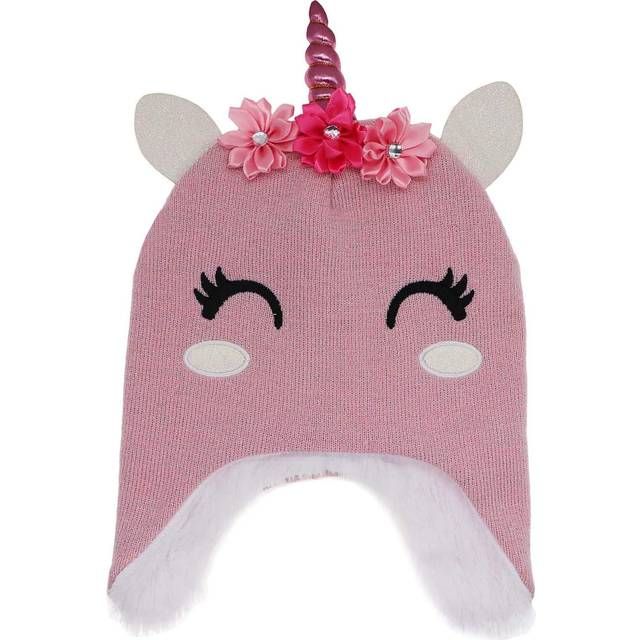 Kids Girls Winter Beanie Hat Smiling Unicorn Shining Glitter Knitted Earflap Fleece Lined Cap Toddler Little Girls Pink