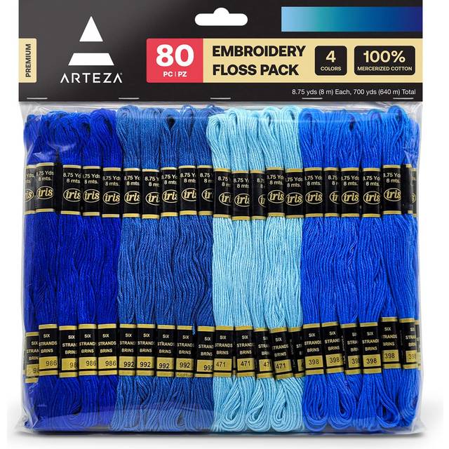 Arteza Embroidery Thread Pack  80 Skeins of Embroidery Floss  20 x Royal Blue  Teal  Dark Blue  & Light Blue  100% Mercerized Cotton Friendship Bracel