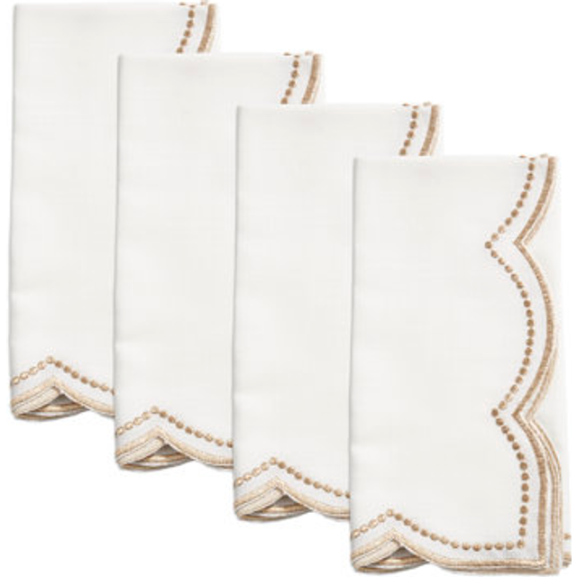 Saro Lifestyle 2857.GL20S 20 x 20 in. Gold Embroidered Polka Dot Napkin with Scallop Edge, White - Set of 4