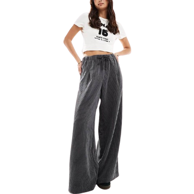 ASOS DESIGN – Grå manchesterbyxor i dra på-stil med vida ben-Grå/a
