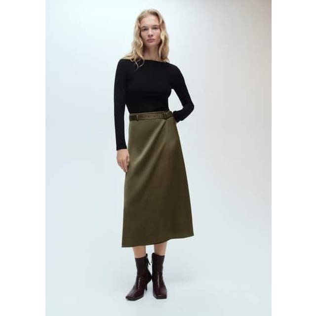 MANGO Combined Satin Effect Dress Dam Midiklänningar Stl. XS - Från Magasin - Beige - Khaki (XS)
