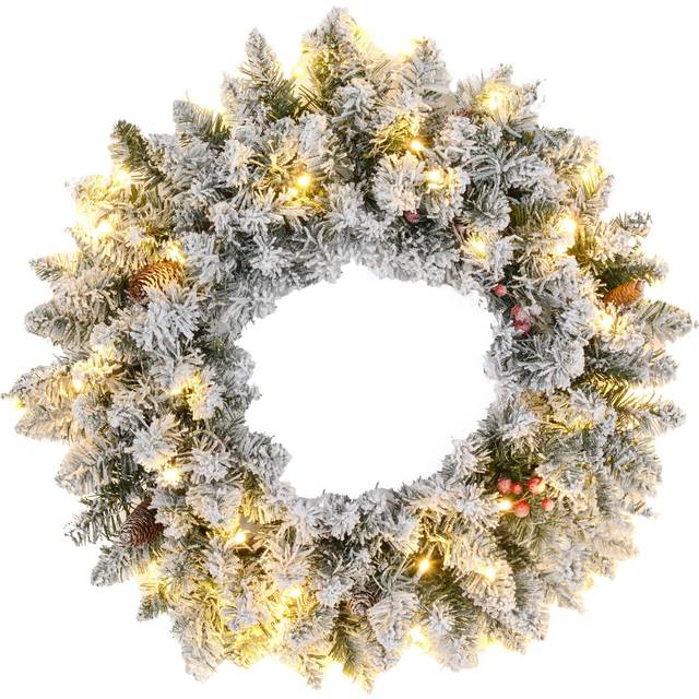 Homcom 60cm Pre-lit Christmas Wreath For Front Door With Led Lights, Pine Cones And Red Berries, Flocked Winter Wreath For Windows, Wall Decoration, G