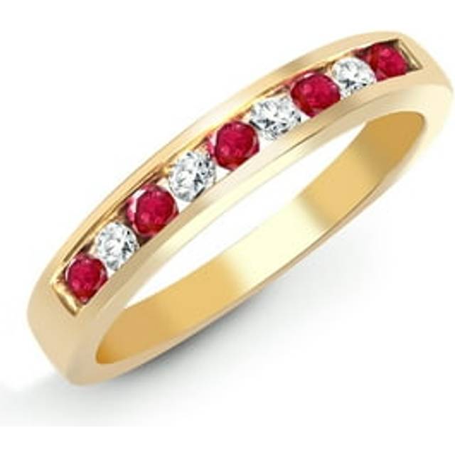 (K) Jewelco London 9ct Yellow Gold Channel Set H I1 0.14ct Diamond and Red 0.26ct Ruby Dainty Band Eternity Ring 3.5mm