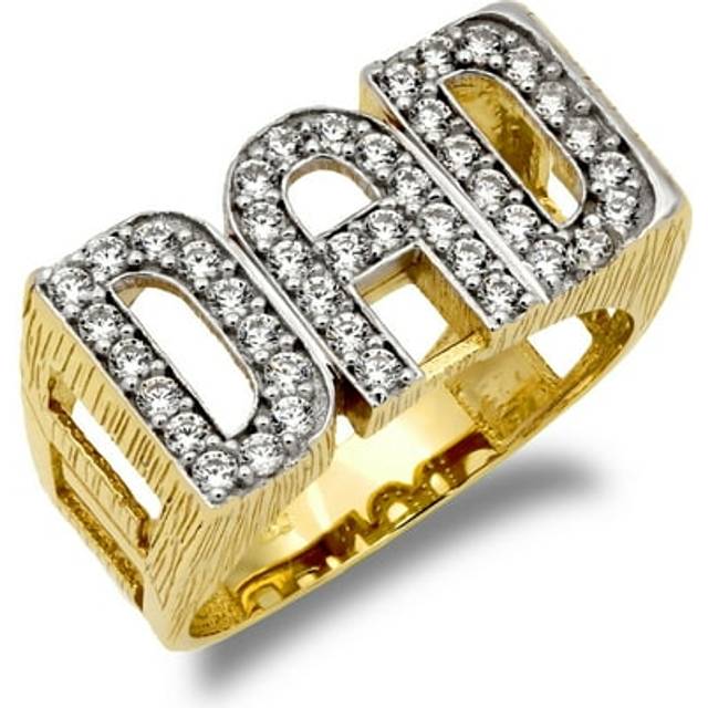(X) Jewelco London Men's Solid 9ct Yellow Gold White Round Brilliant Cubic Zirconia Curb Link Sides DAD Ring