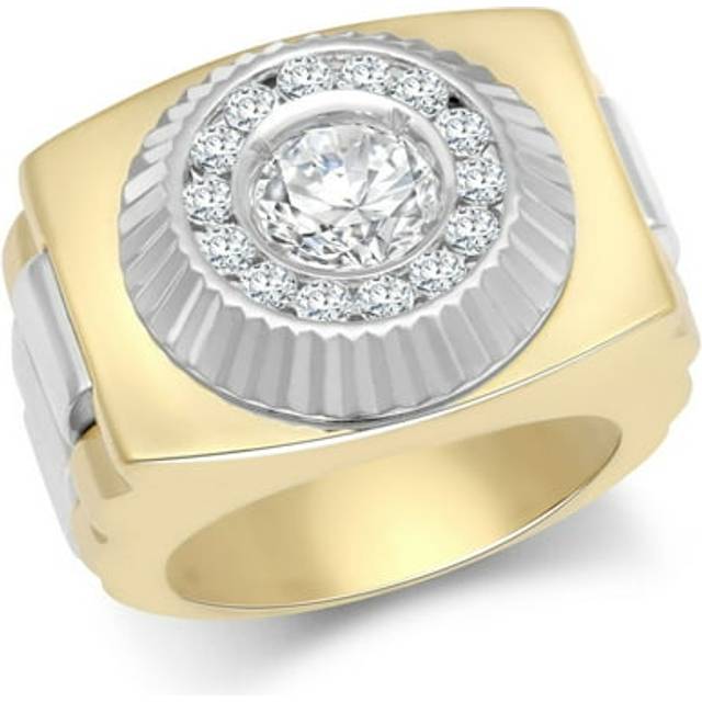 (U) Jewelco London Mens 9ct 2-Colour Gold White CZ Fluted Sunburst Bezel Watch Strap Cluster Solitaire Ring - JRN570