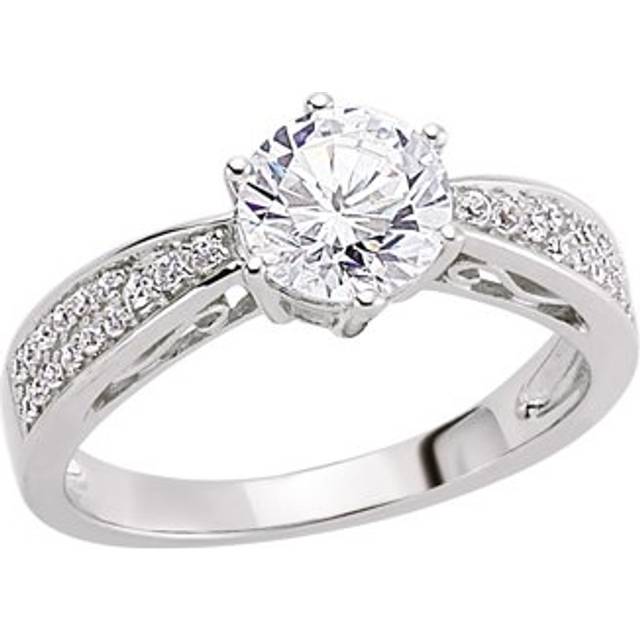 (N) Jewelco London Ladies Rhodium Plated Sterling Silver Cubic Zirconia Shoulder-Set 6 Claw Solitaire Engagement Ring