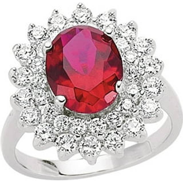 (P) Jewelco London Ladies Rhodium Plated Sterling Silver Red Oval Cubic Zirconia Royal Cluster Solitaire Engagement Ring