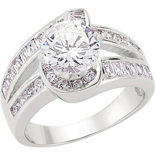 (M) Jewelco London Ladies Rhodium Plated Sterling Silver Baguette Cubic Zirconia Crossover Twist Solitaire Engagement Ring