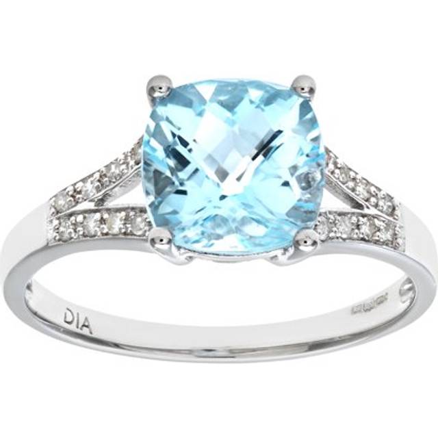(Q) Jewelco London 9ct White Gold Cushion Cut Blue Topaz Ring With Diamond Shoulders