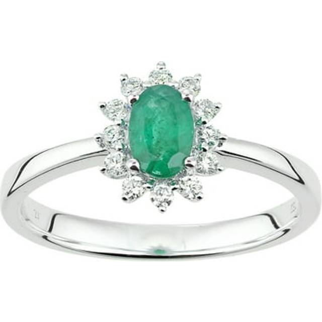 (Q) Jewelco London 18ct White Gold Oval Emerald and Diamond Cluster Ring