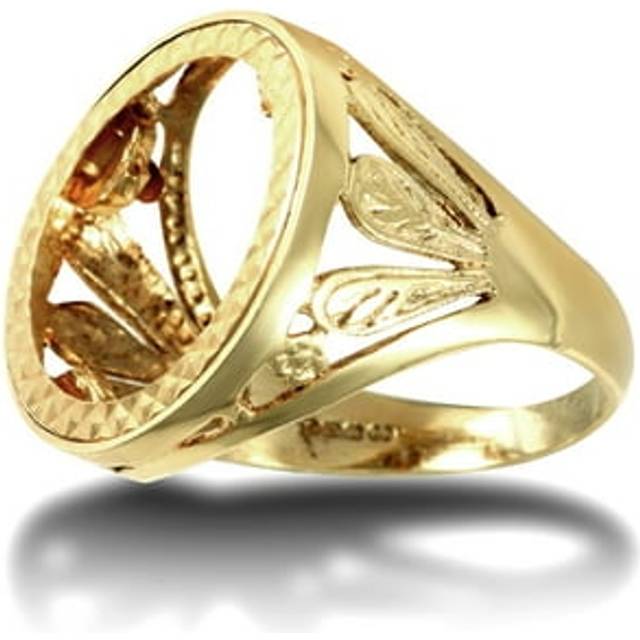 (U) Jewelco London Men's Solid 9ct Yellow Gold Welsh Feather Half Sovereign Mount Ring - JRN174-H