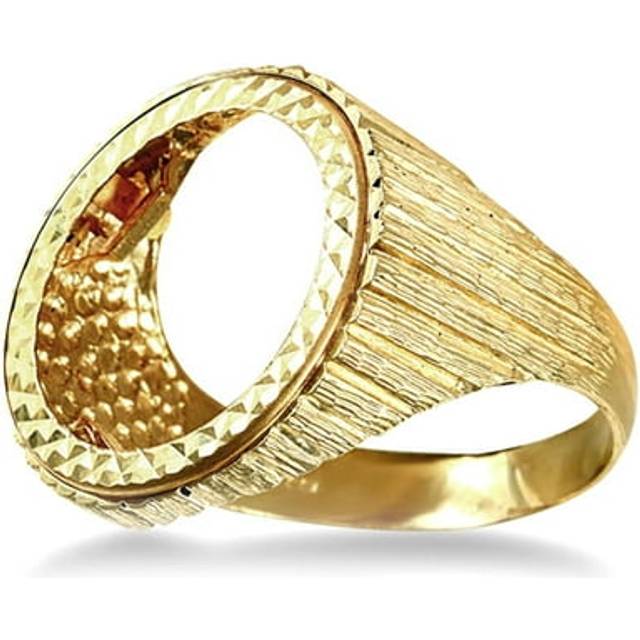 (R) Jewelco London Men's Solid 9ct Yellow Gold Ribbed Barked Half Sovereign Mount Ring - JRN183-H