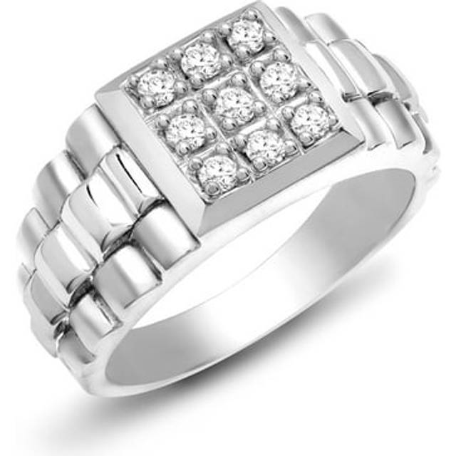 (X) Jewelco London Men's Solid 9ct White Gold 4 Claw Set Round H I1 0.5ct Diamond 9 Stone Cluster Signet Ring 12mm