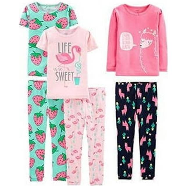 Simple Joys by Carter's Girls' 6-Piece Snug Fit Cotton Pajama Set  Green Strawberries/Pink Flamingo/Rose Llama Print/Navy