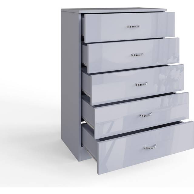 (Gloss Grey) 5 Drawer Gloss Chest Of Drawers Bedroom Storage