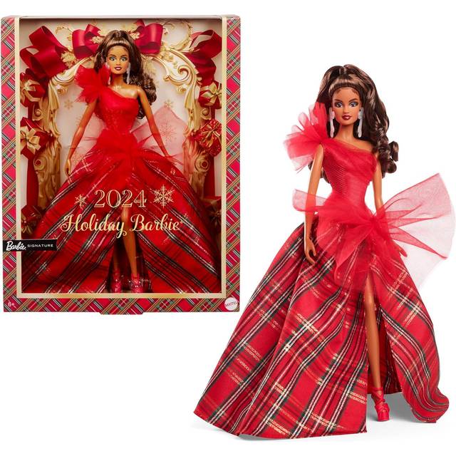 Barbie 2024 Holiday Barbie Dolls  Seasonal Collector Toy  Barbie Signature  Plaid Gown with Red Bow  Displayable Packaging  Light Brown Hair
