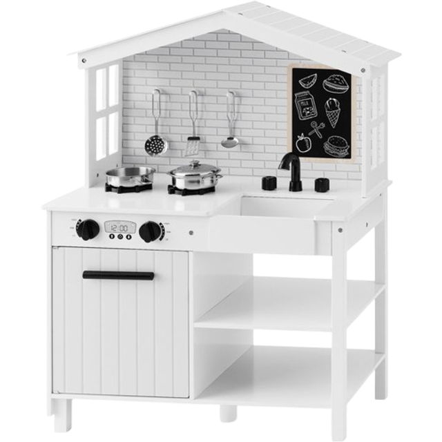 Best Choice Products Farmhouse Play Kitchen Toy  Wooden Pretend Set for Kids w/ Chalkboard  Marble Backdrop  Windows  Storage Shelves  5 Acc