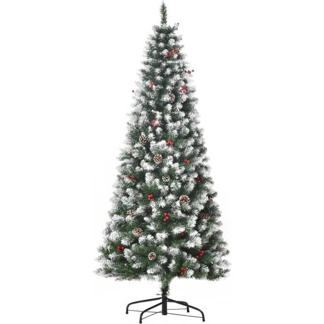 Homcom 6ft Prelit Christmas Tree Xmas Pencil Tree With Red Berries And Pinecones Holiday Home Indoor Decoration With Foldable Feet, Green