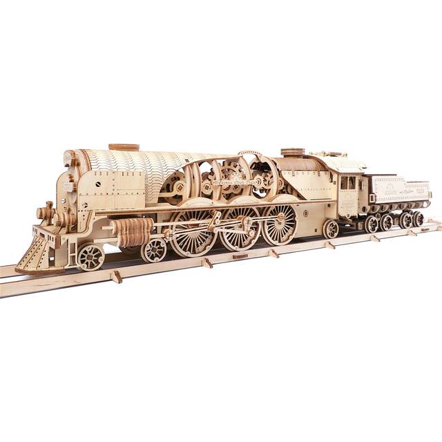 UGEARS Steam Locomotive with tender - Mechanical Wooden Train Model Kit 70012