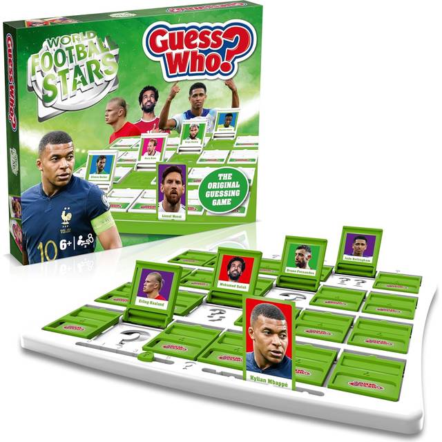 Winning Moves Världsfotbollsstjärnor: Vem där?, grönt brädspel, spela spel med Messi, Ronaldo, Harry Kane, Salah, lätt att montera, present till barn från 6 år