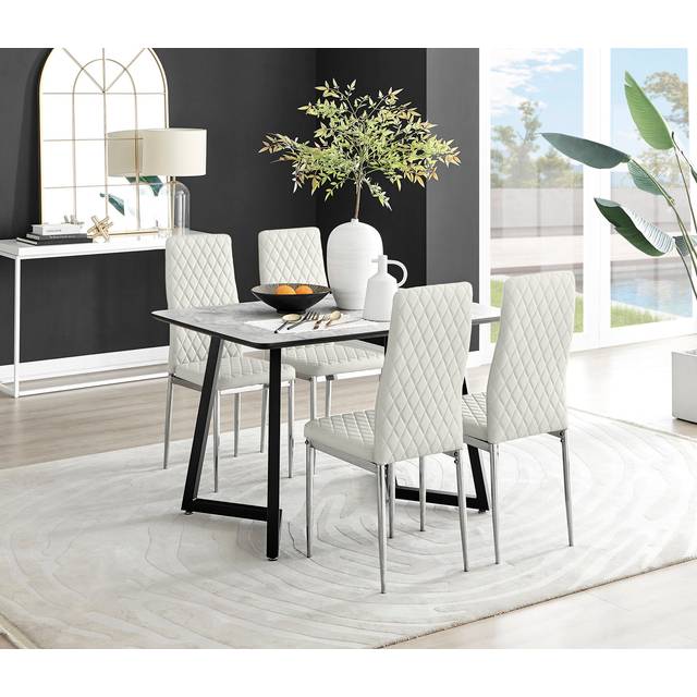 Carson White Marble Effect Dining Table & 4 Velvet Milan Chairs - Cream - One Size