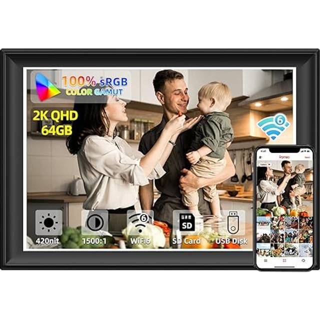 11 tum 64 GB 2K digital bildram WiFi6&5G digital fotoram 100 % sRGB 1920 x 1280 FHD IPS pekskärm, dela foton och videor via Frameo App, utöka lagring med USB-enhet och SD-kort, väder, klocka