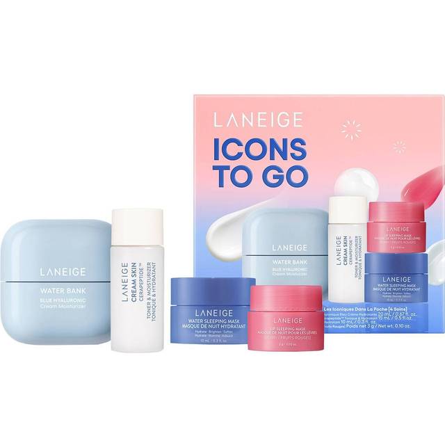 LANEIGE Icons To Go Set: Cream Skin, Water Bank Cream, Lip Sleeping Mask, Water Sleeping Mask, Travel Size, Full Size, Hydrate, Barrier-Boosting