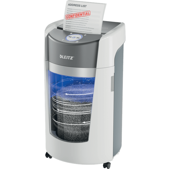 Leitz IQ OptiMax Office P5 dokumentförstörare med mikroskärning, 12–10 ark (70–80 g/m²), roterande 35 liters behållare för 33% mer volym (550 x A4), extremt tyst, 120 minuters kontinuerlig drift,