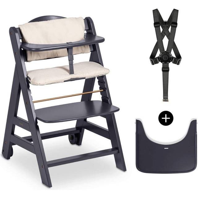 Hauck Barnstol Beta+, barnstol som växer med trä (FSC-certifierad), barnstol från 6 månader med sittkudde, matbräda och skyddsbygel, 5-punktsbälte och grenrem (Dark Grey)