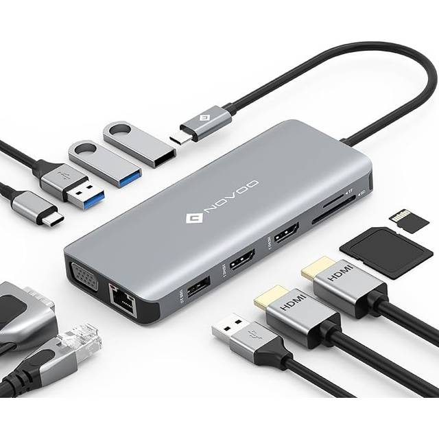 NOVOO USB C Hub med 2 HDMI, 11 portar Typ C dockningsstation för bärbar dator, RJ45 Gigabit Ethernet, 2 USB 3.0, 2 USB 2.0, VGA, Type C 100W PD, SD/TF-kort för MacBook Pro/Air och fler Type C-enheter