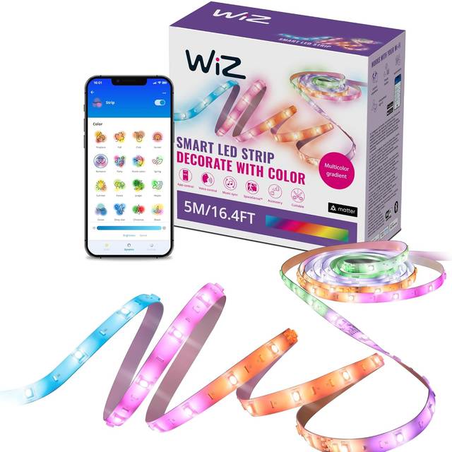 Wiz Rgbic Led-Ljusremsa, 5m, Kan Klippas för att Passa, 16 Miljoner Färger + Nyanser av Vit, Ansluts till Ditt Wi-Fi, Röst- Appstyrning, Fungerar med Google Home, Alexa och Homekit