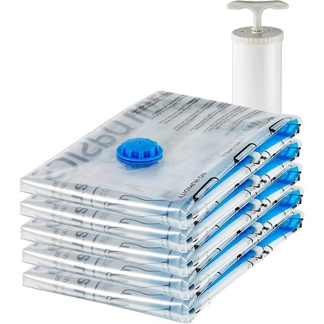 Amazon basics vakuumpåse för kläder med lufttät ventil och handpump – medelstor, 5-pack, dragkedja, transparent