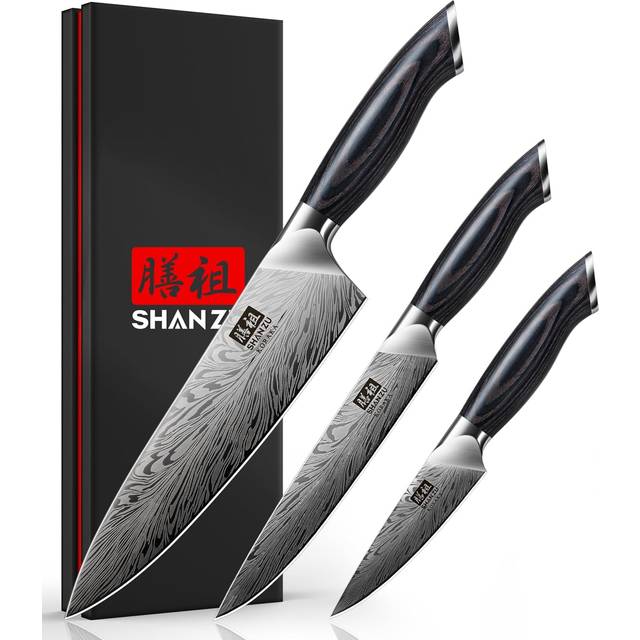 SHAN ZU Knife Set of 3 in Powder Steel, Japanese Kitchen Knives Sets High Carbon Ultra Sharp Chef Knife Set with Ergonomic Handles Utility Knife Set