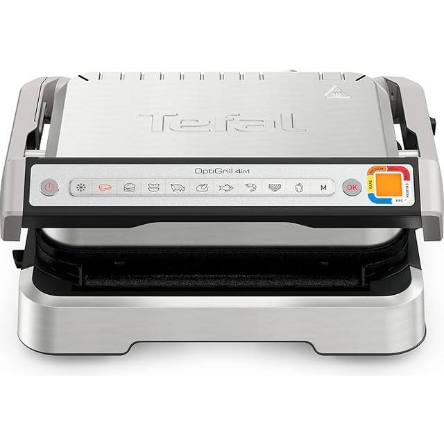 Tefal OptiGrill 4-i-1 kontaktgrill med bakskål, vikbar, bordsgrill, 9 program, matlagningsstegsdisplay, elektrisk grill, ugn, GC776D10, rostfritt stål/svart